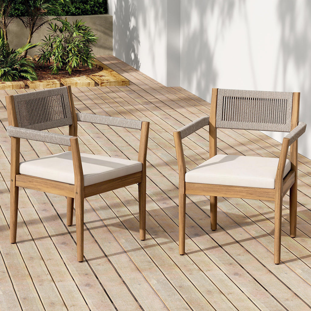 Braided Acacia Wood Outdoor Dining Chairs Set of 2 – Teak Look with Beige Rope & Cream Cushions