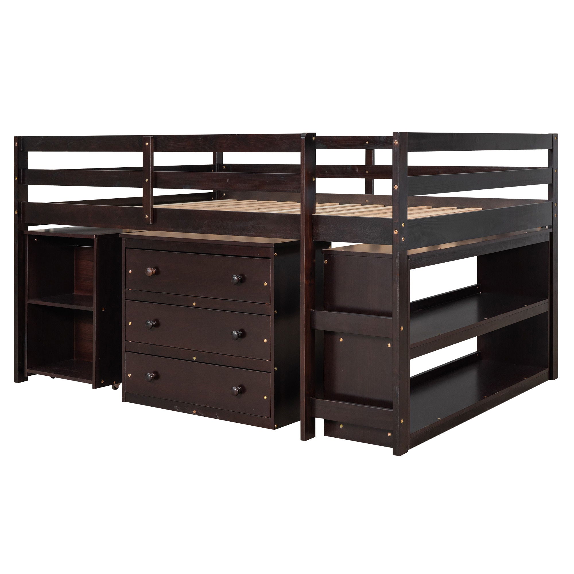 Loft Low Study Bed With Cabinet, Shelves And Rolling Portable Desk, Multiple Functions