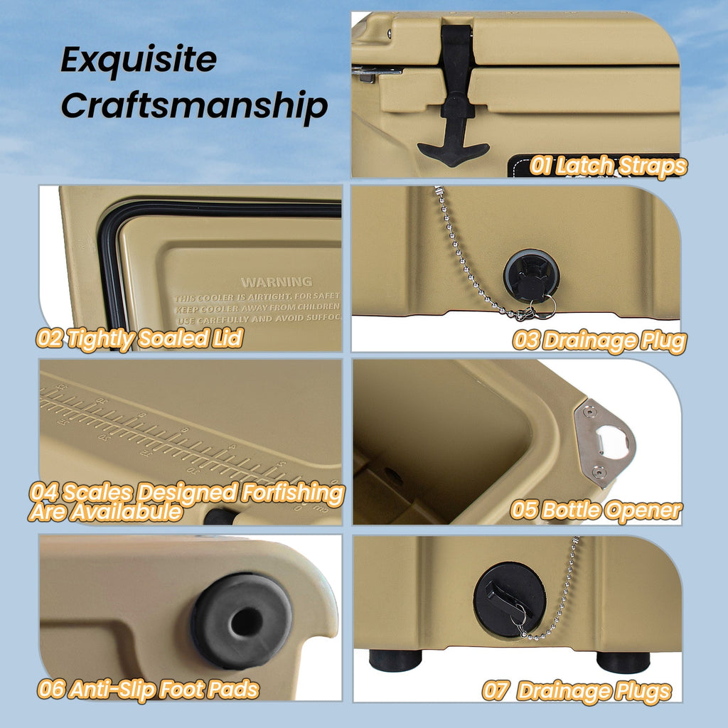 65 Quart Khaki Cooler, Ultra-Tough Hard Shell Ice Chest