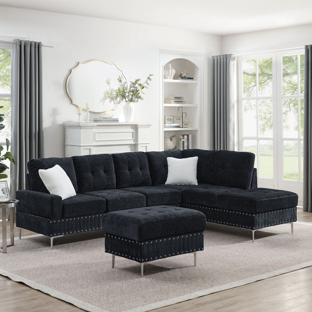 L-Shaped Sectional Sofa With Chaise And Storage Ottoman, Includes 2 Pillows