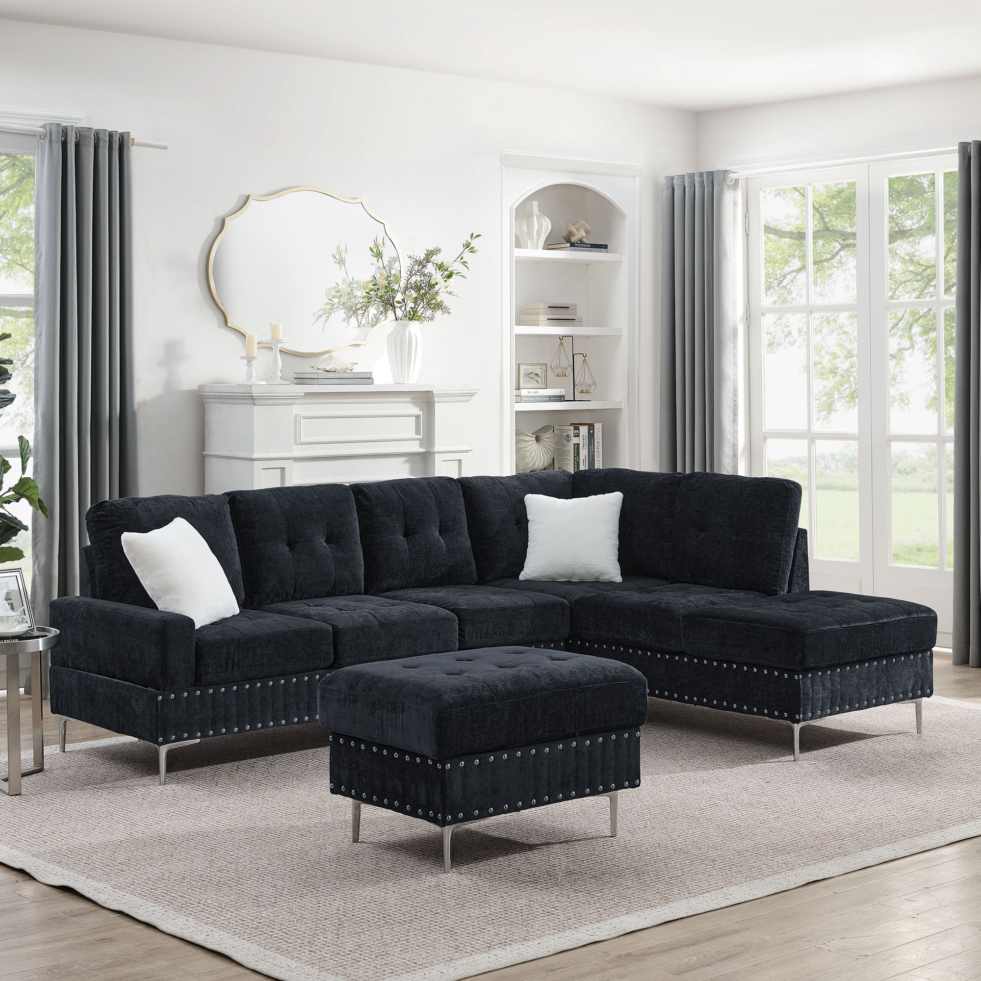 L-Shaped Sectional Sofa With Chaise And Storage Ottoman, Includes 2 Pillows