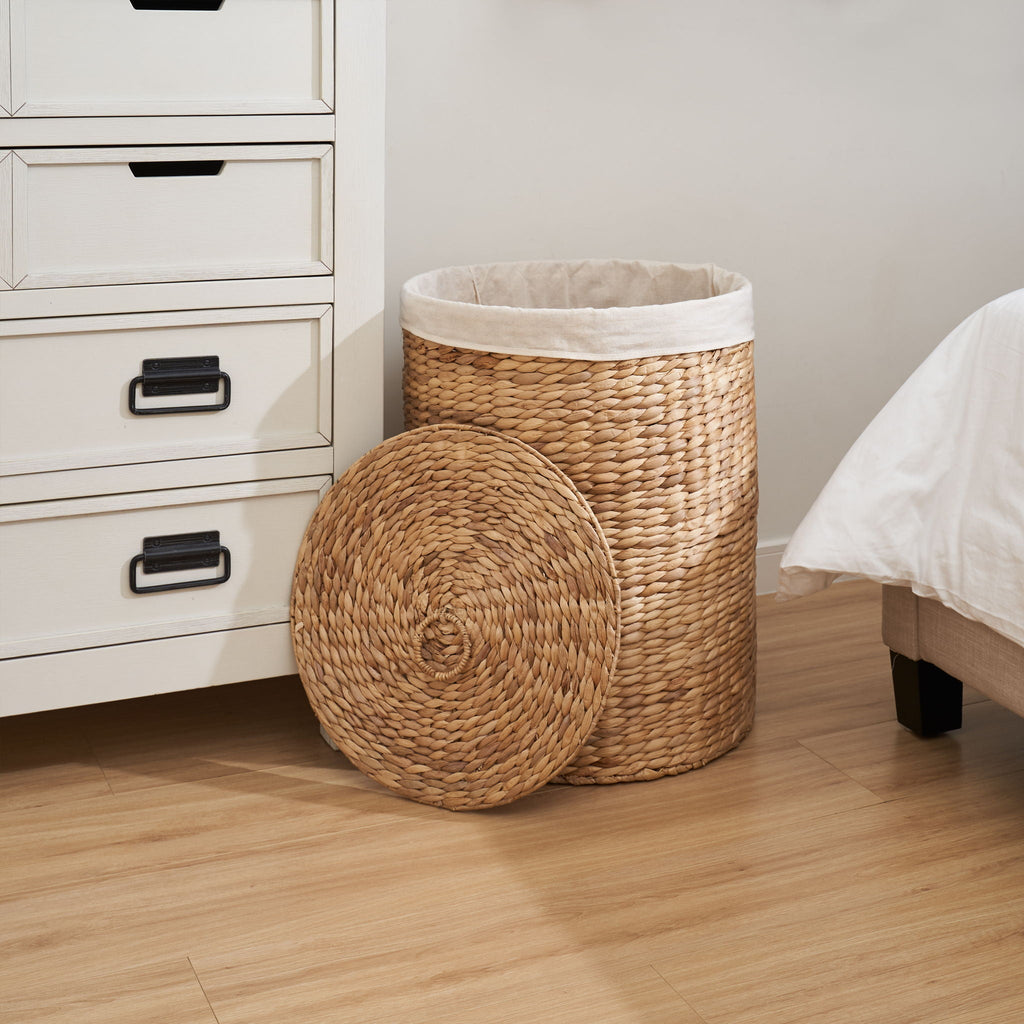 Round Tall Water Hyacinth Woven Wicker Laundry Hamper With Lid - For Clothes, Toys And Book Storage With Removable Liner - 15" X 15" X 20" - Natural Brown