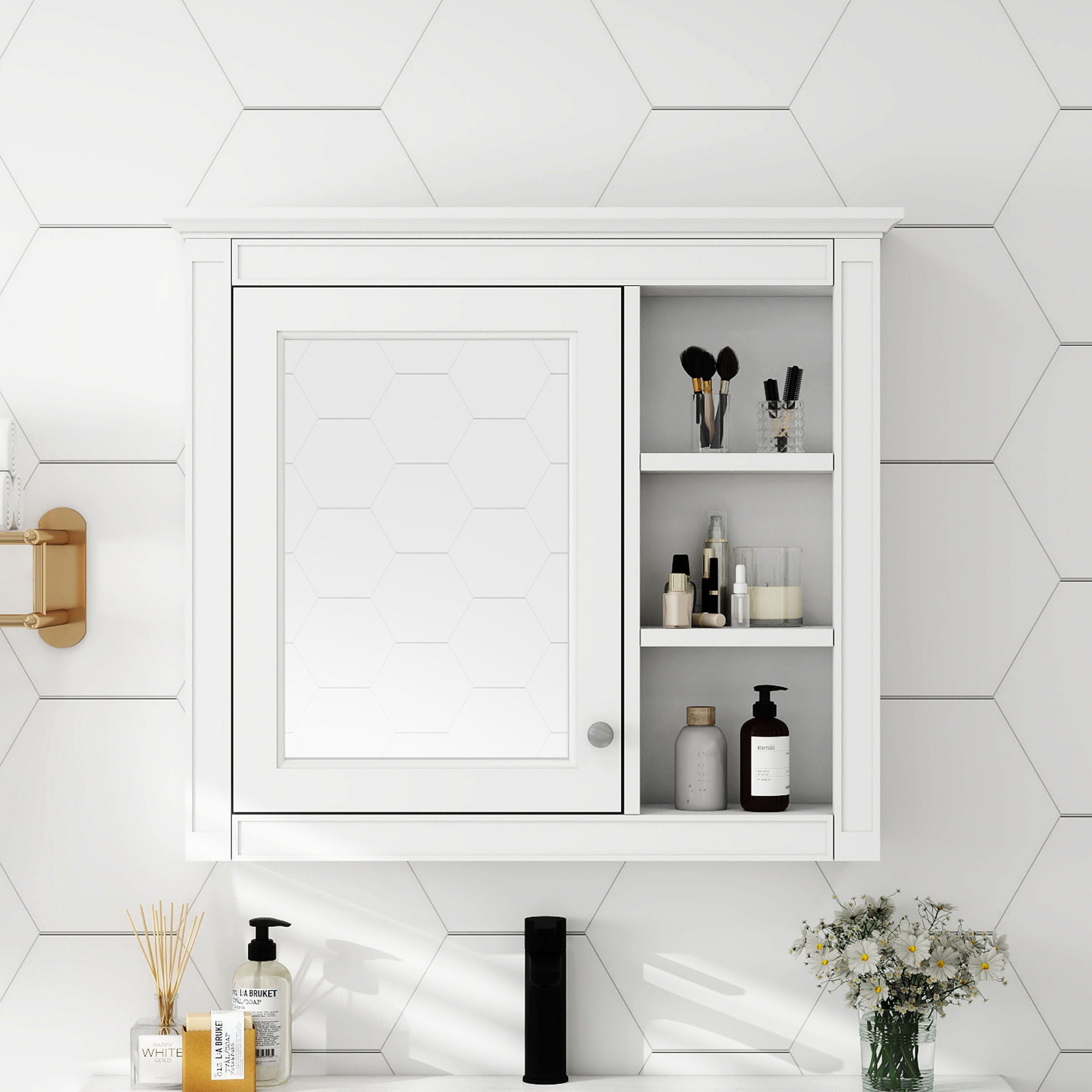 Wall Mounted Medicine Cabinet With Mirror and 3 Open Shelves