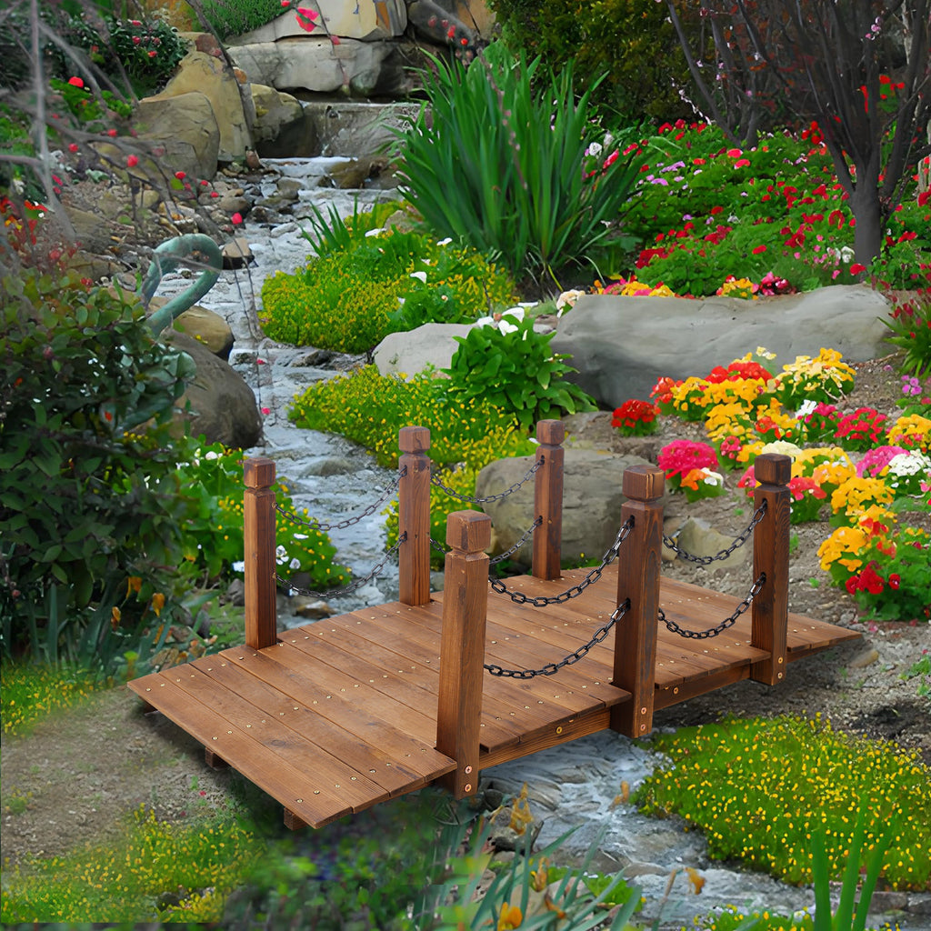 5 Ft Wooden Garden Bridge, Stained Wood Arc Footbridge with Chain Railings