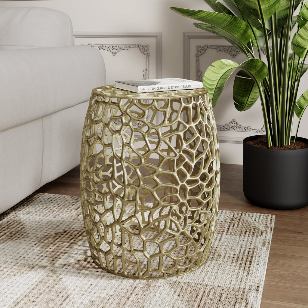 Aluminum Drum End Table with Intricate Design in Gold