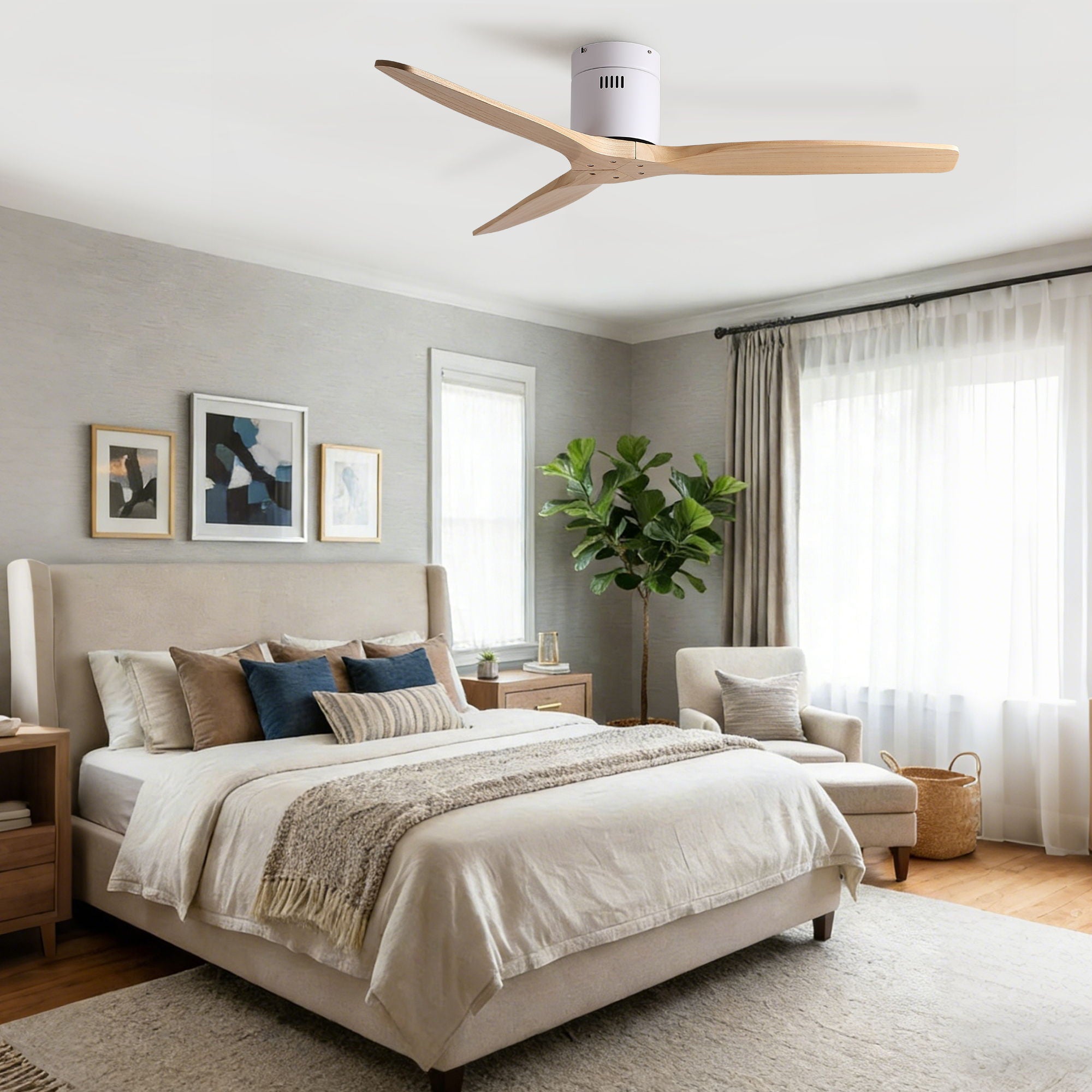 Low Profile Flush Ceiling Fan Without Light - Matte White / White