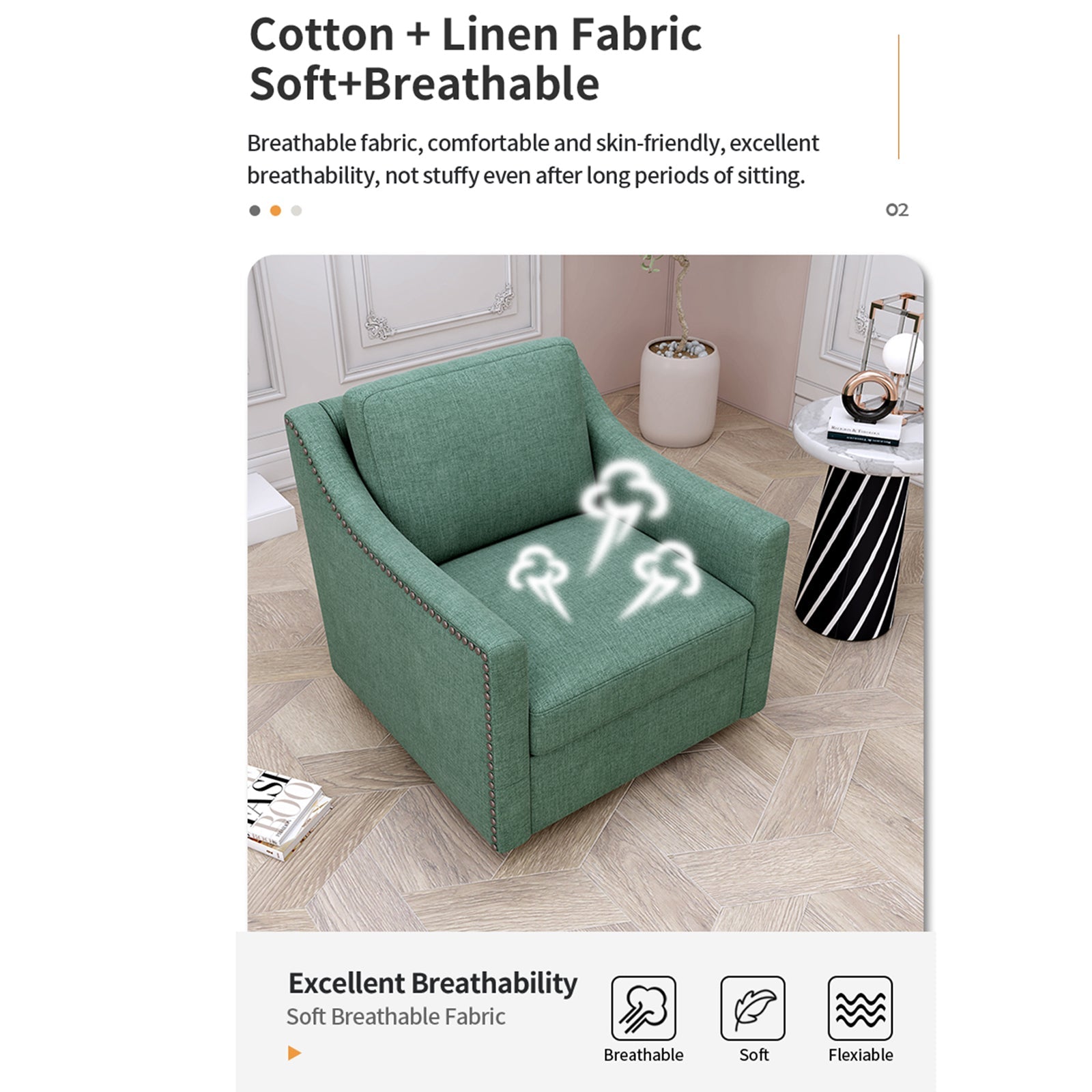 360 Degree Swivel Armchair Cotton Linen Fabric with Brass Nail Detailing