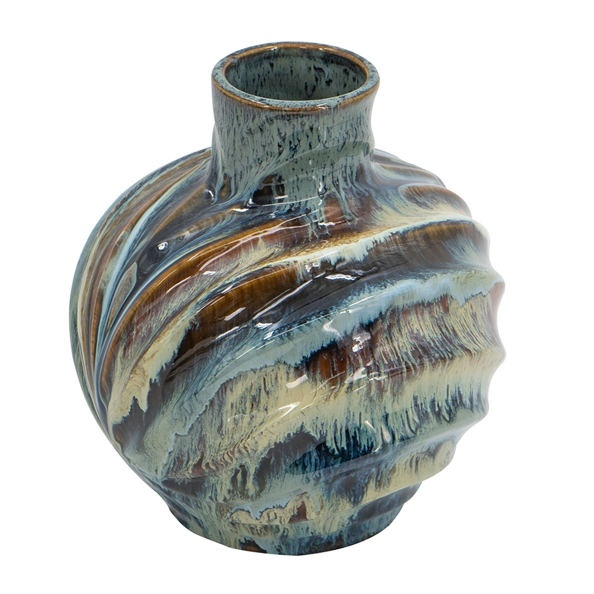 9.4x9.4x11" Blue and Brown Reactive Glazed Accent Vase