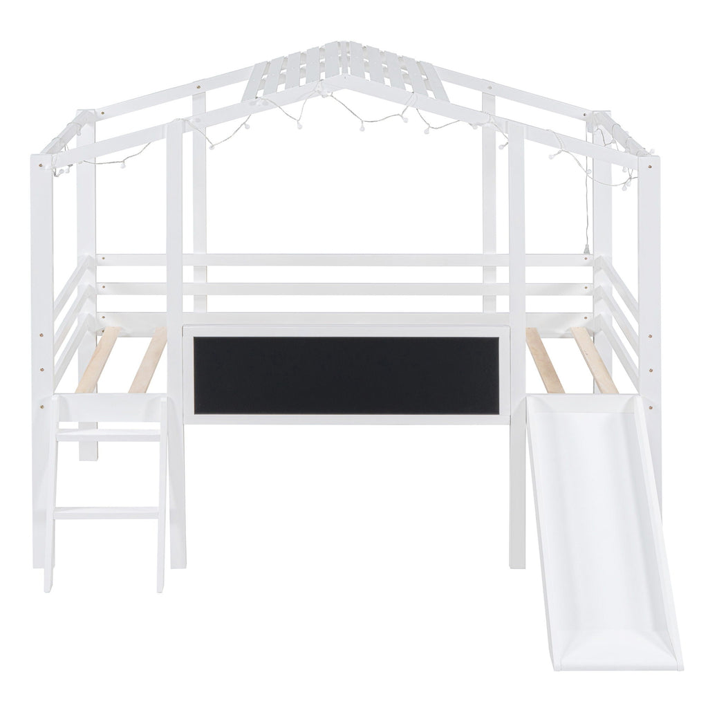 Loft House Bed With Ladder And Slide, With board And Light Strip On The Roof