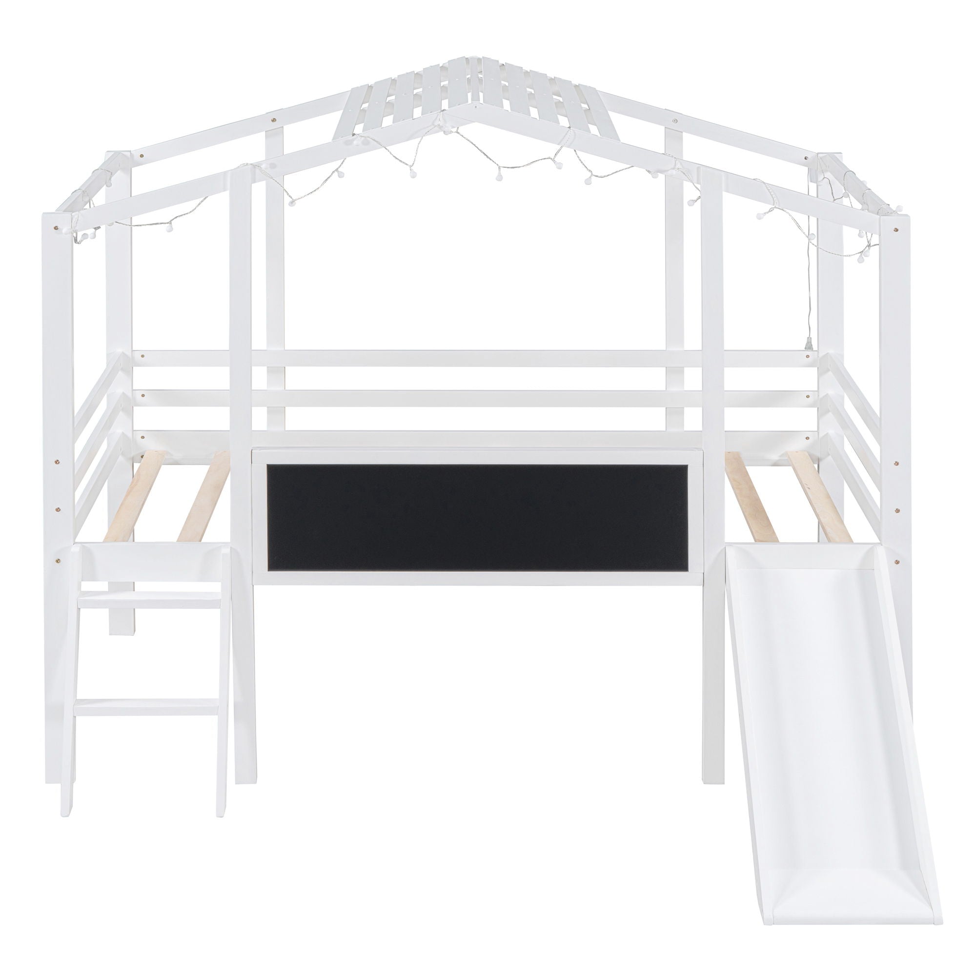 Loft House Bed With Ladder And Slide, With board And Light Strip On The Roof