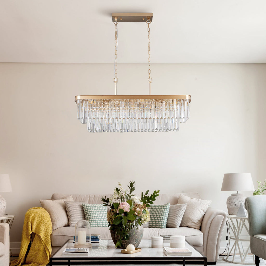 Rectangular Crystal Chandelier Adjustable Gold Iron Ceiling Light
