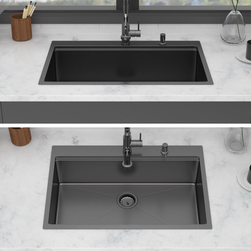 Drop In Workstation Sink Topmount Single Bowl With Pull Out Faucet And Soap Dispenser - Gunmetal Black