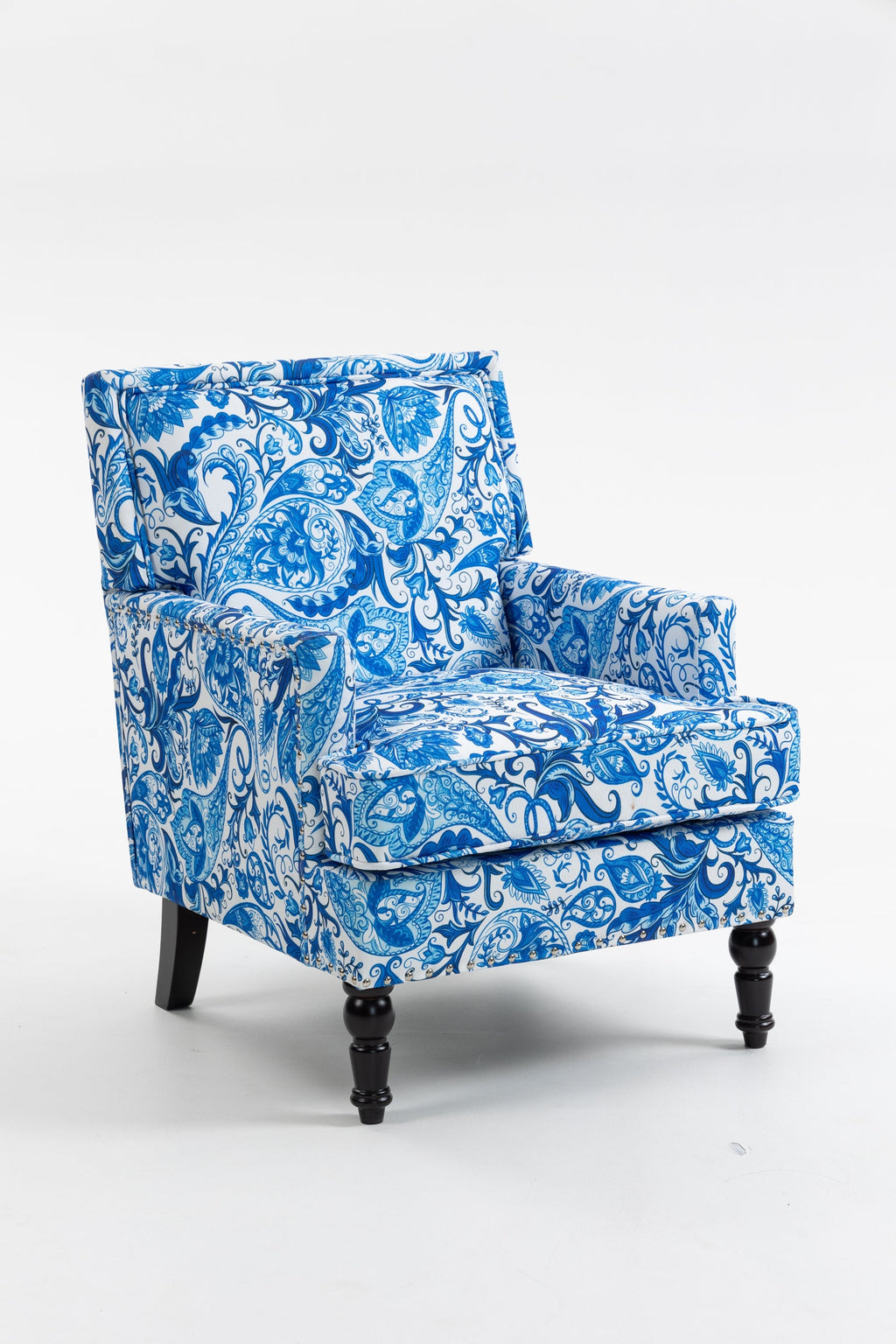 Upholstered Accent Chair with Blue and White Porcelain Print Linen Fabric