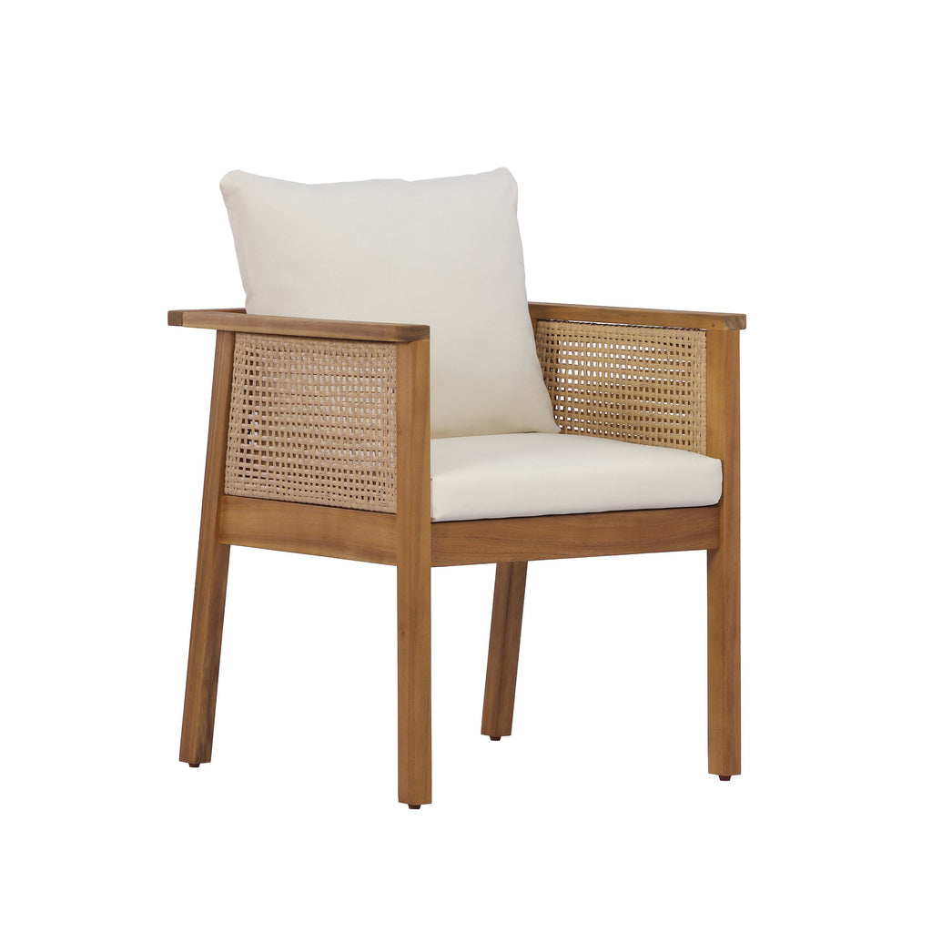 7-Piece Acacia Wood Outdoor Dining Set with Cream Cushions and Natural Wicker