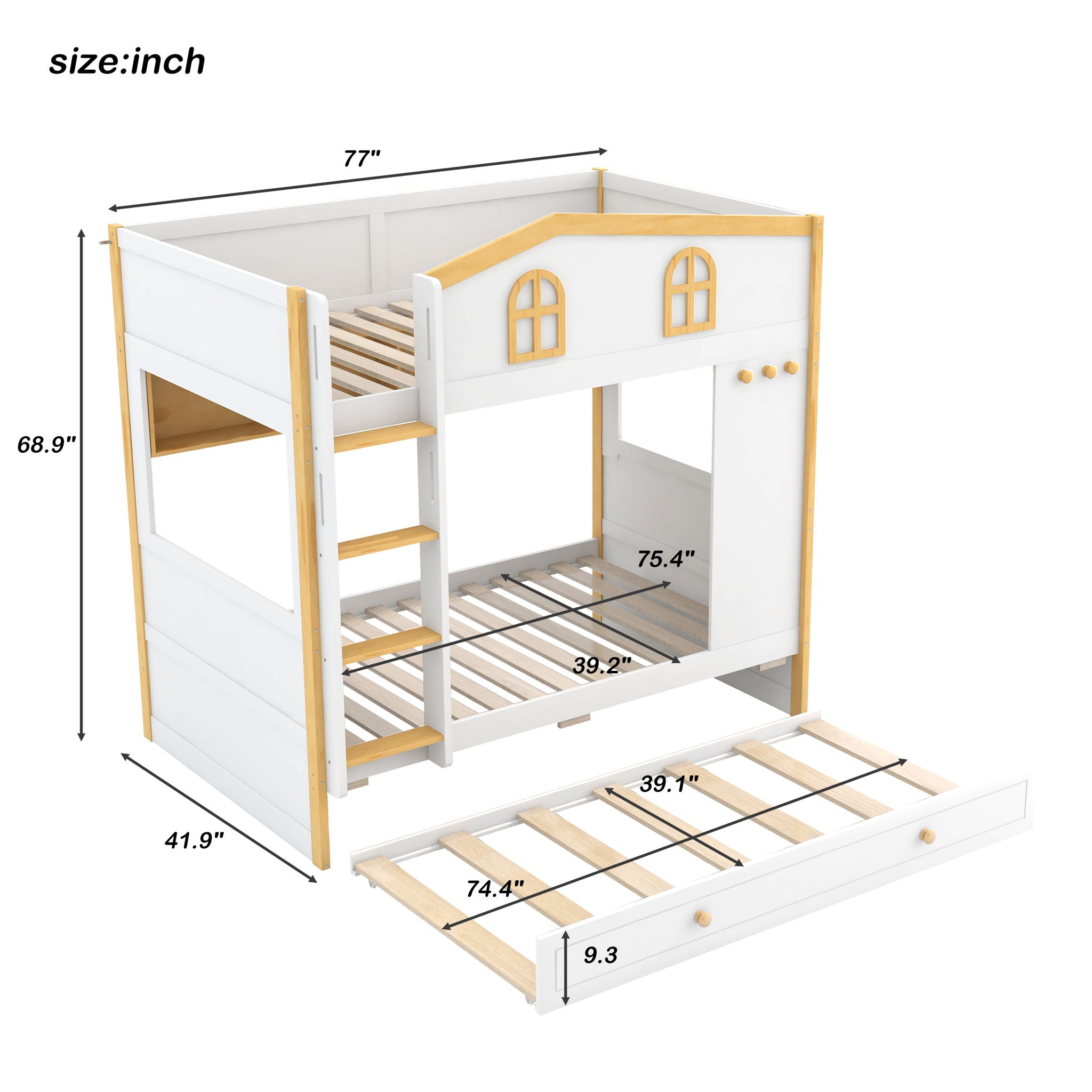Bunk Bed With House Shaped Guardrails, Storage Shelves, And Trundle