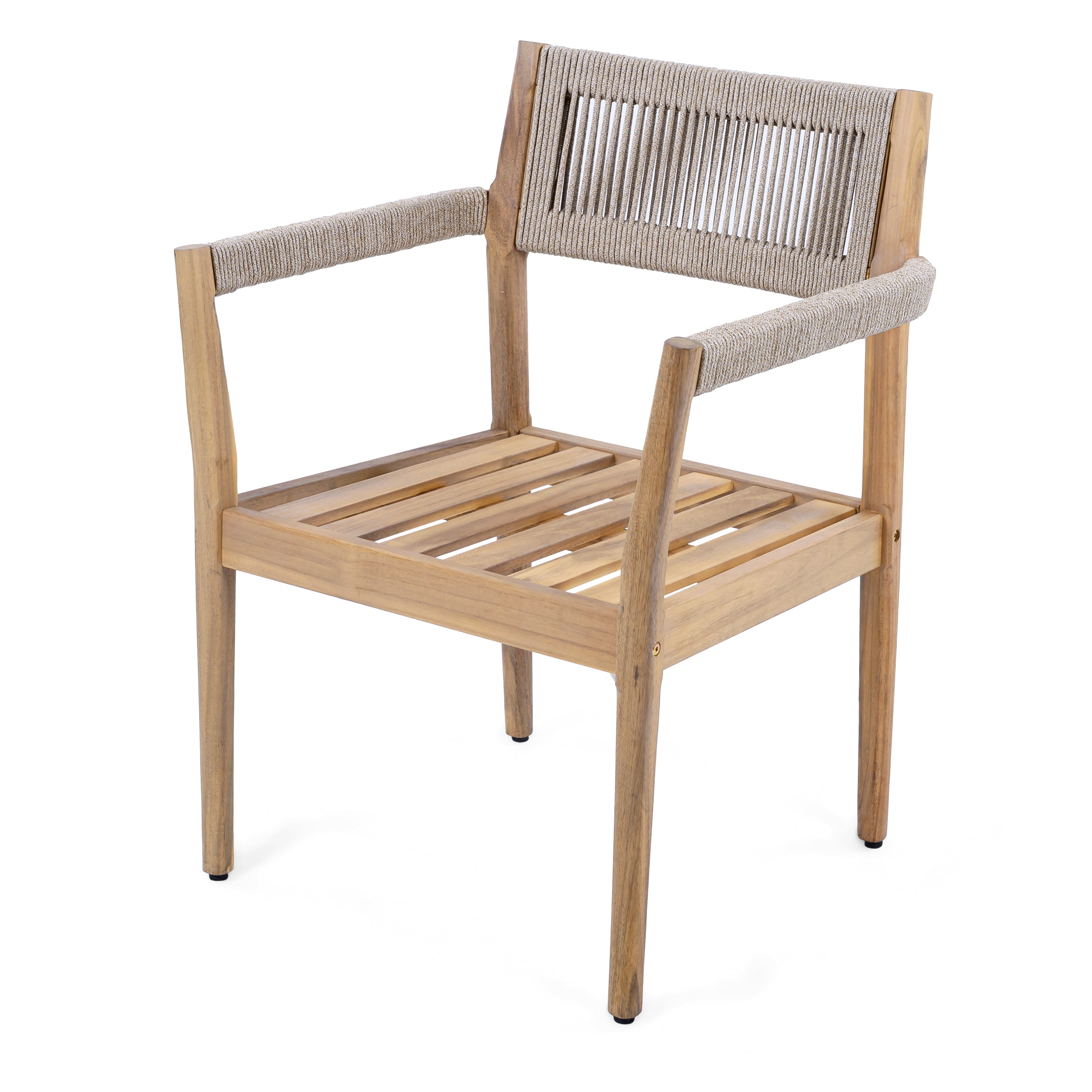 Braided Acacia Wood Outdoor Dining Chairs Set of 2 – Teak Look with Beige Rope & Cream Cushions
