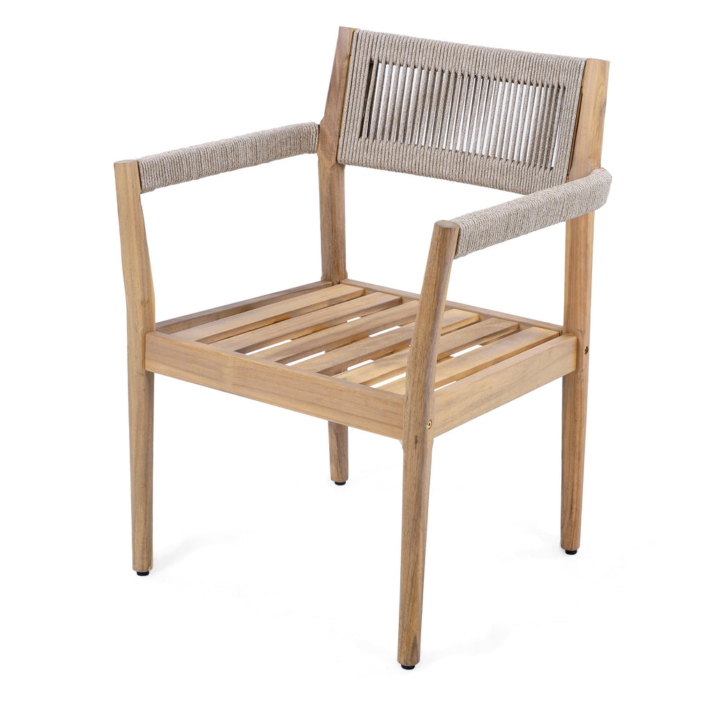 Braided Acacia Wood Outdoor Dining Chairs Set of 4 – Teak Look with Beige Rope & Cream Cushions