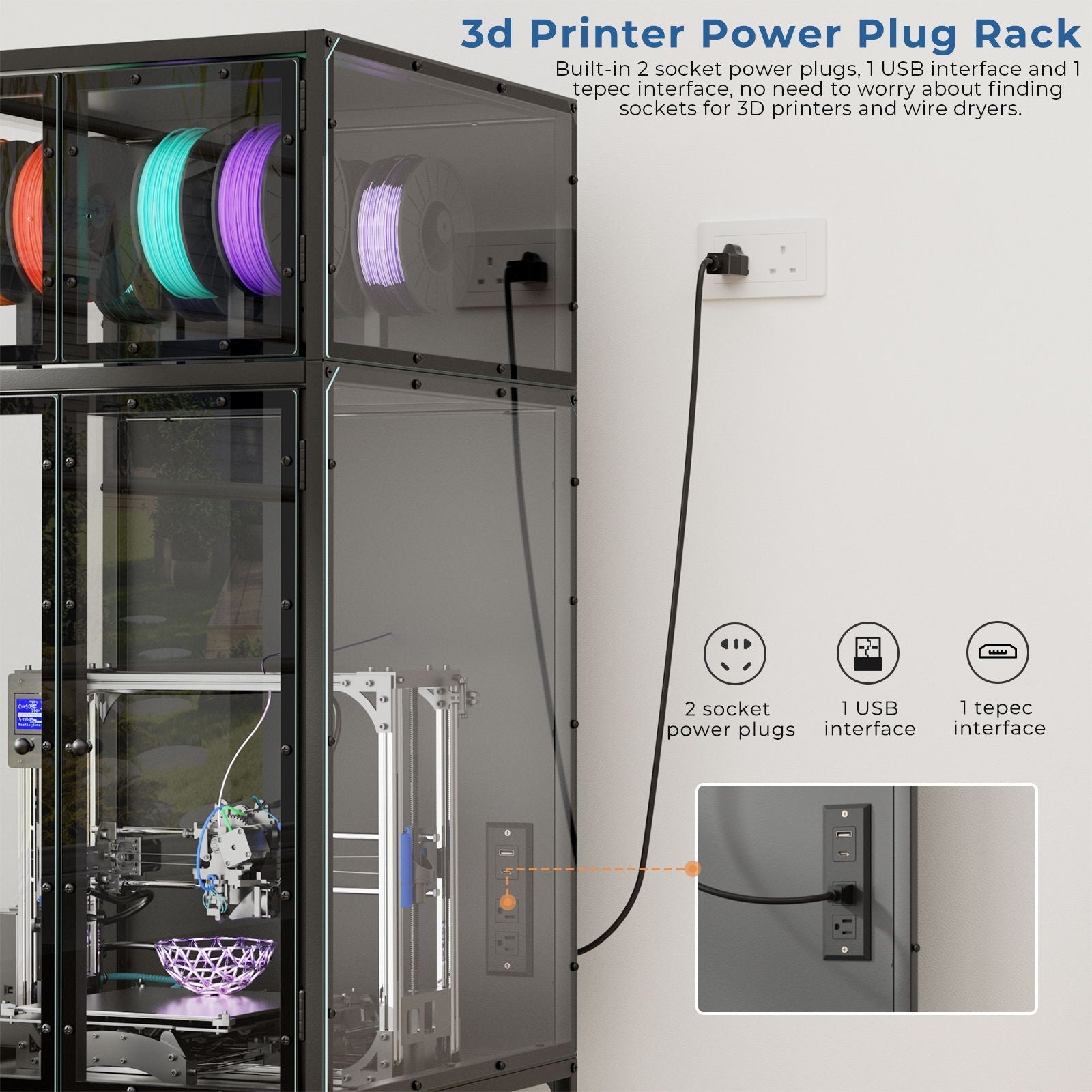 3D Printer Cabinet With Double Layer Filament Storage, T-Shaped Filament Bar, Noise Reducing And Dust Proof Design - Black