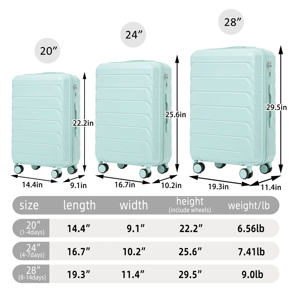 3 Pieces Set 20" / 24" / 28" Spinner Wheel Luggage With Combination Lock