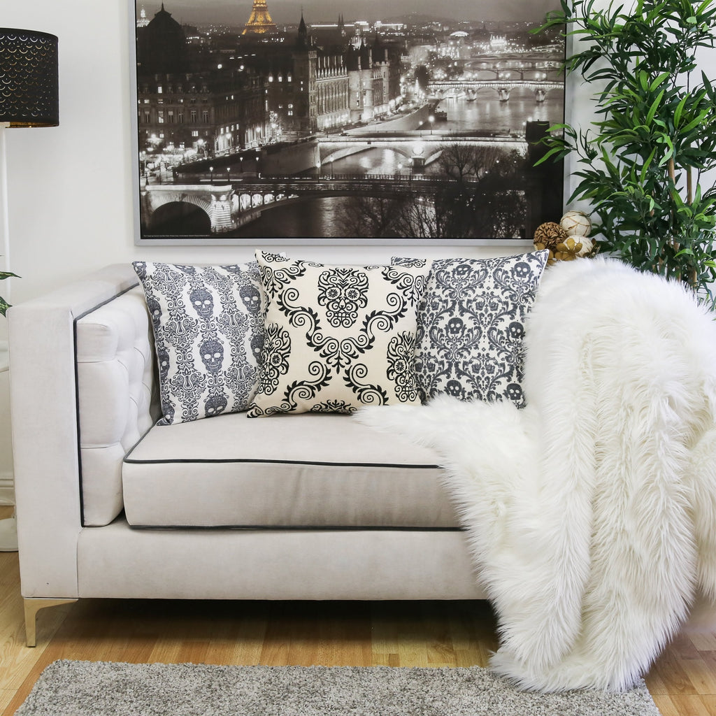 Baroque Skull Damask Accent Pillow – Black & White Day of the Dead Accent Cushion
