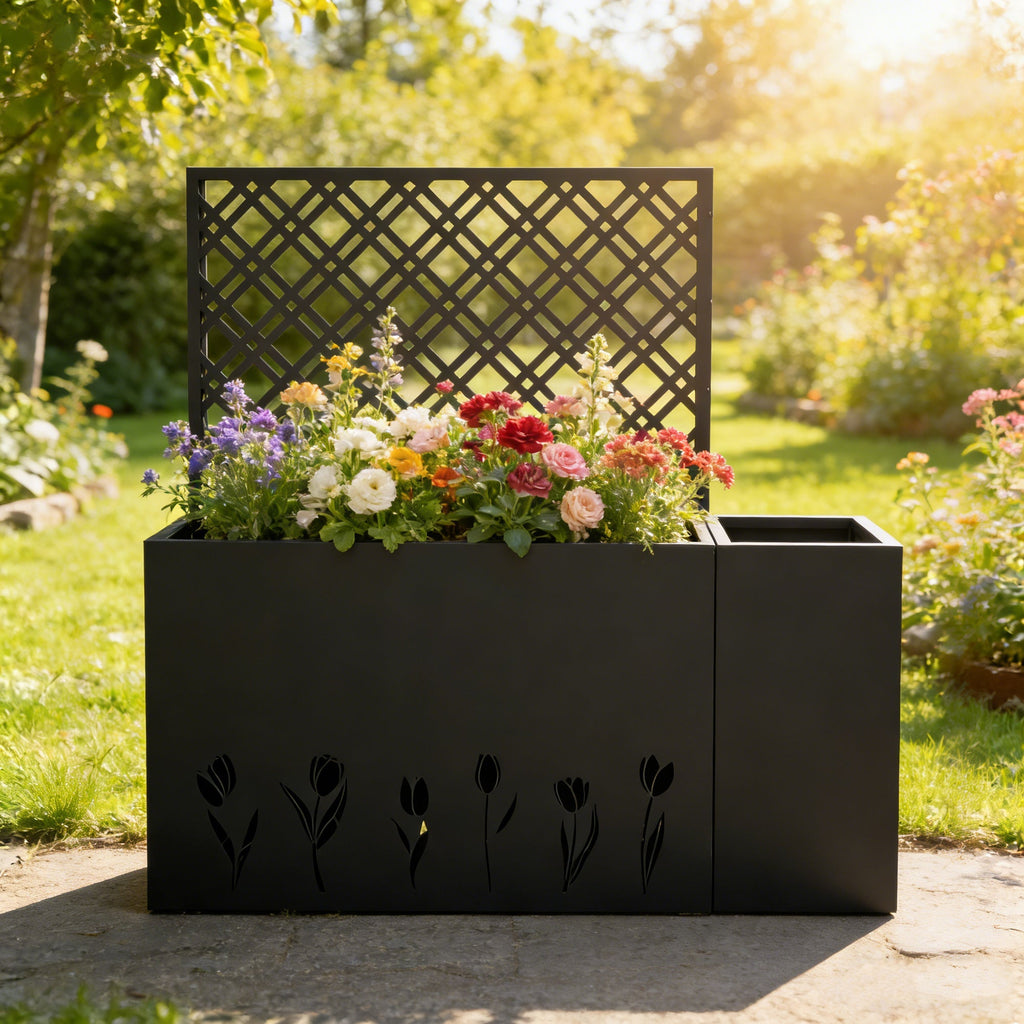 2-Piece Metal Planter Box with Trellis - Tulip Black