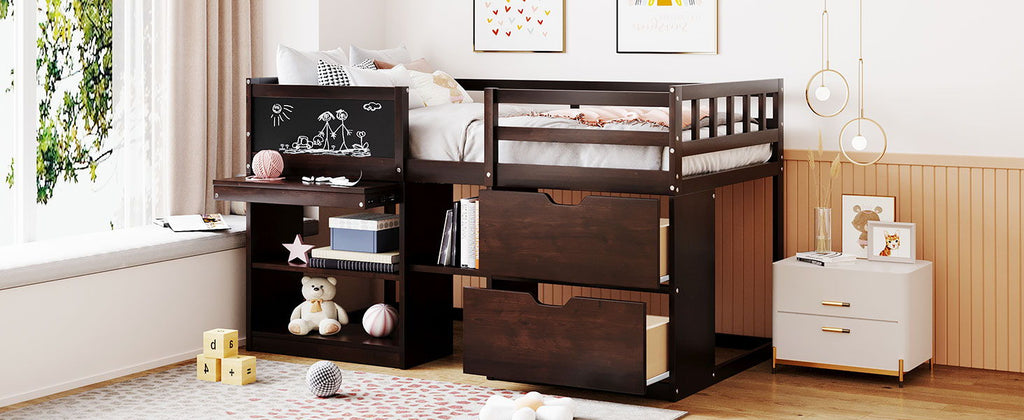 Low Loft Bed With Rolling Desk, Shelf And Drawers