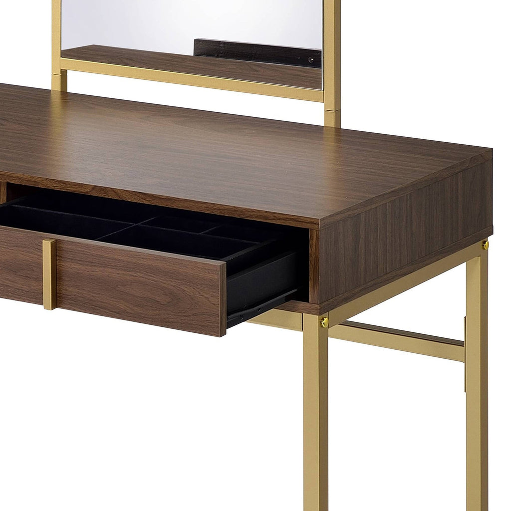 Coleen Walnut & Gold Finish Vanity Desk with Mirror & Jewelry Tray