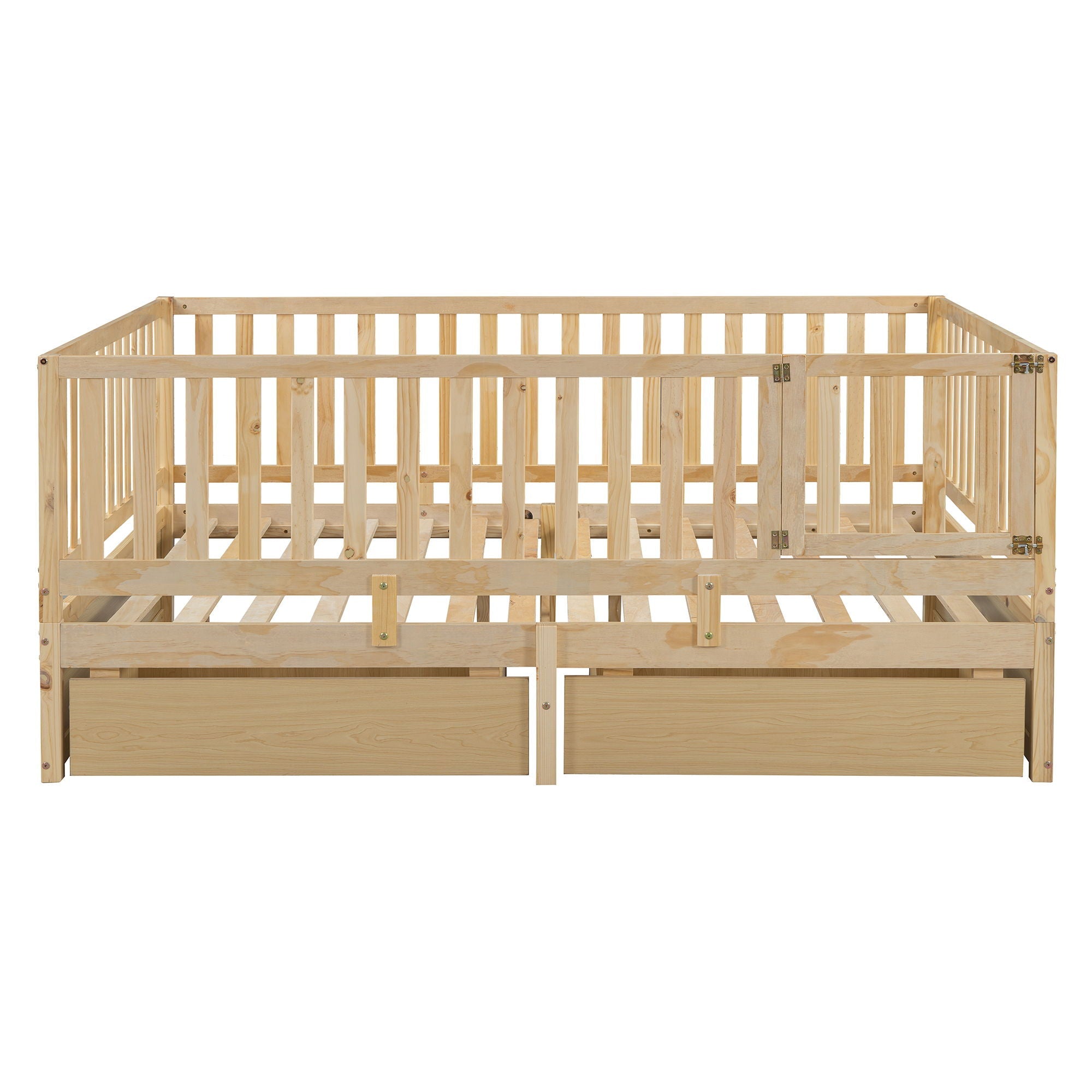 Daybed With Fence Guardrails And 2 Drawers, Split Into Independent Floor Bed & Daybed