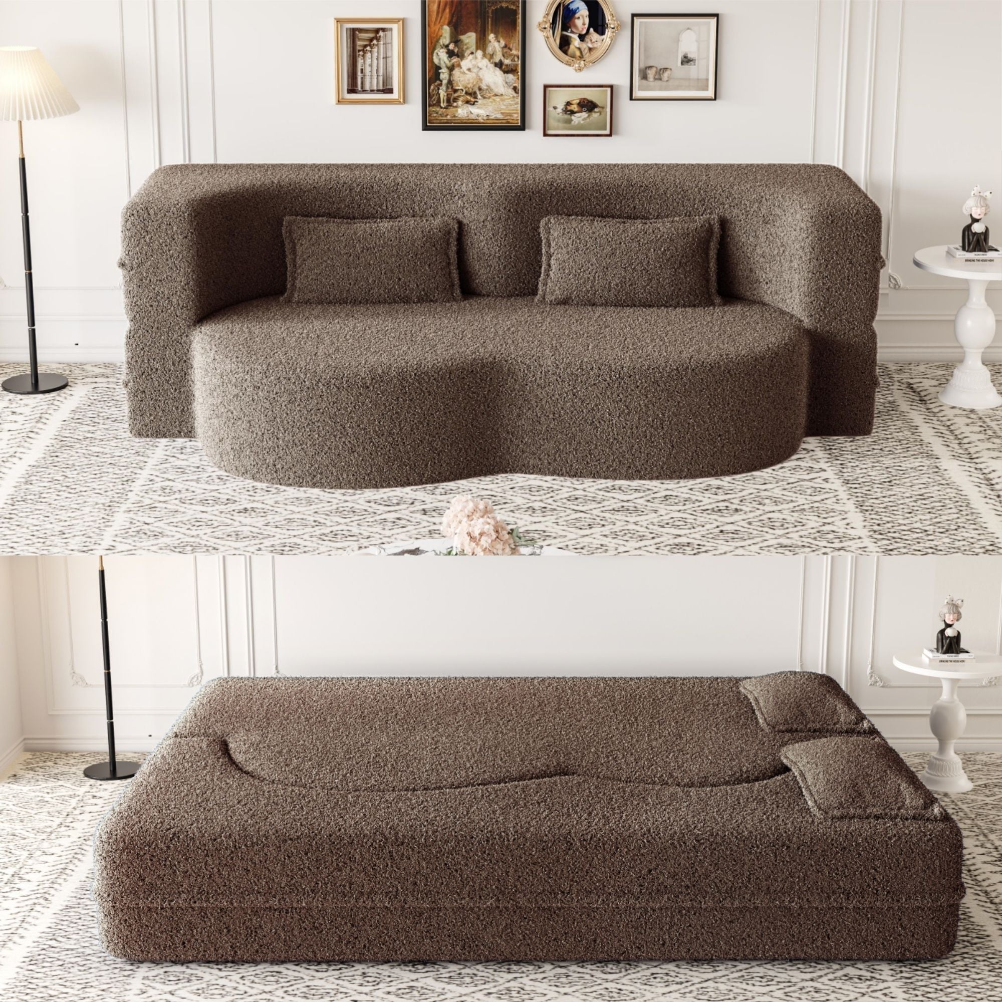 Modern Floor Sofa With Two Pillows Convertible Teddy Fabric Foam Filled Bed