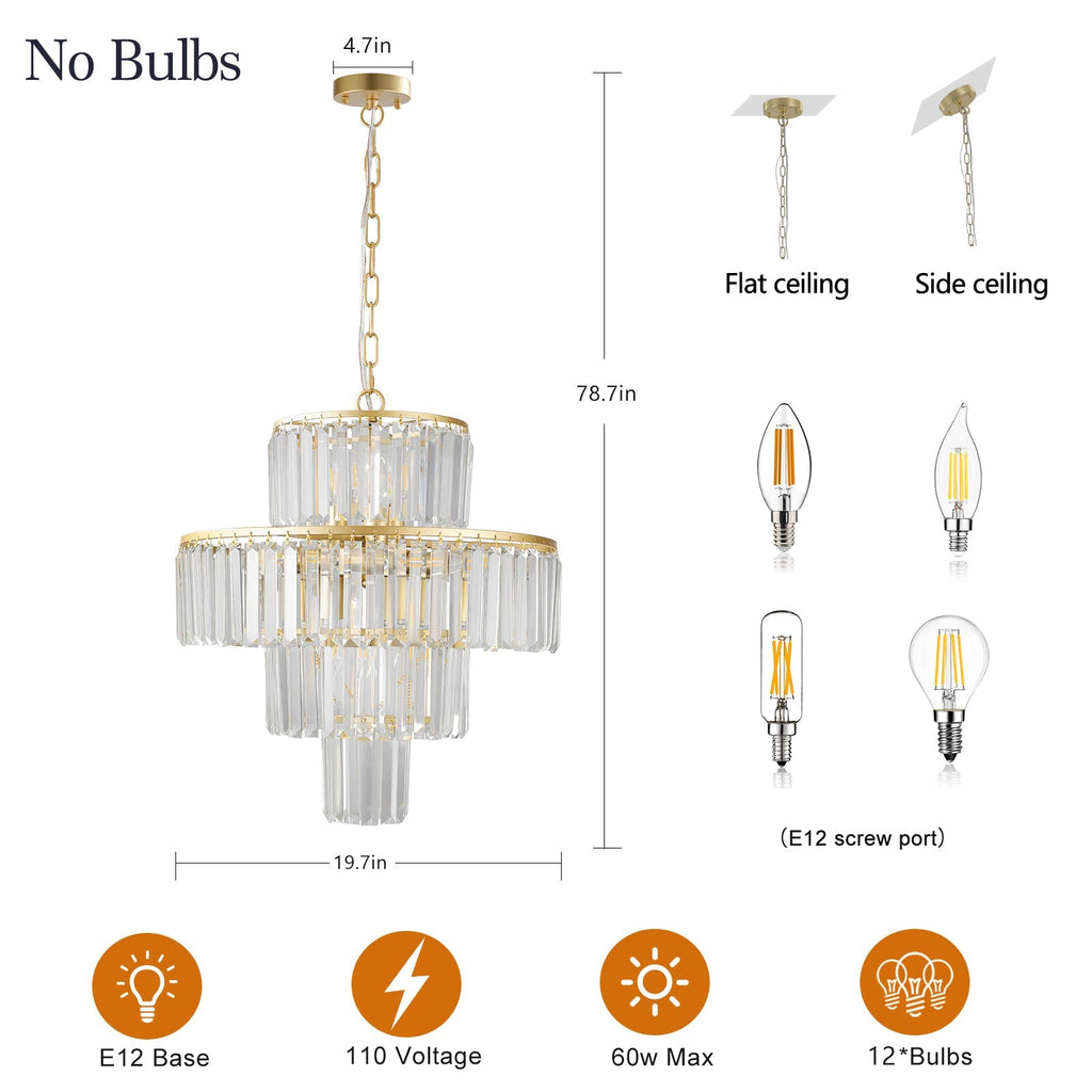 (Same as W1340126461/L5023) 20' Luxury 4-Tier Crystal Chandelier, 12-Light Gold Frame Pendant Light, Elegant Ceiling Lighting for Living Room, Dining Room, Bedroom (No Bulbs)