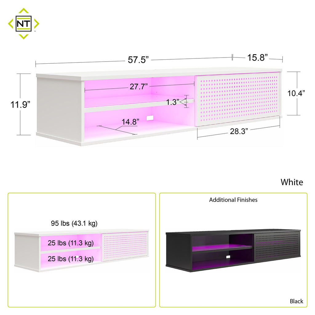 Glitch Floating TV Stand For TVs Up To 60" With RGB Lighting And Sliding Door - White