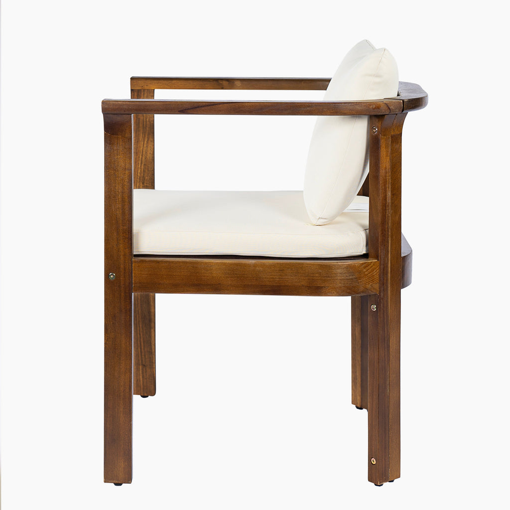 Outdoor Dining Chair Set of 2 with Curved Acacia Wood Arms, Brown Finish and Cream Cushions