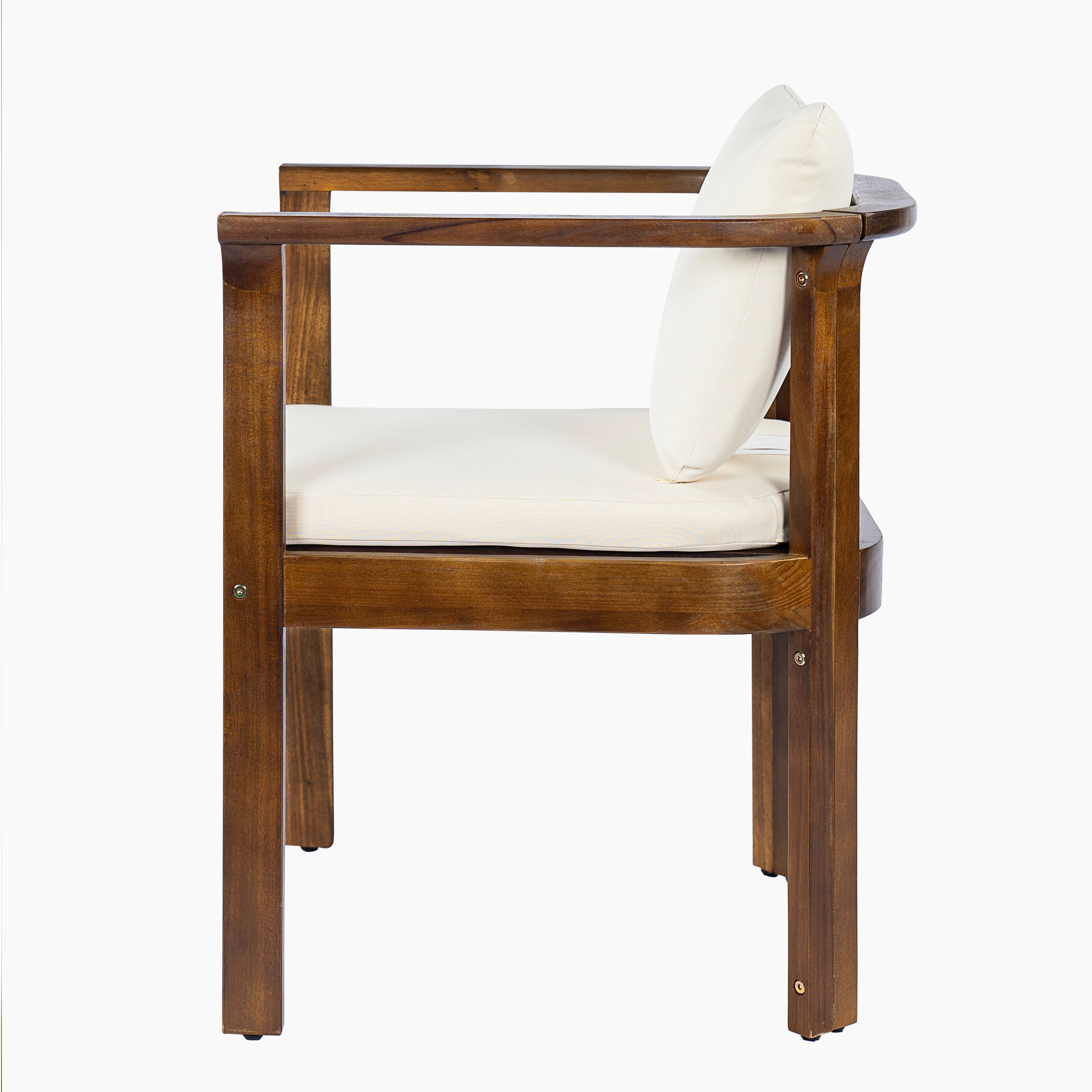 Outdoor Dining Chair Set of 2 with Curved Acacia Wood Arms, Brown Finish and Cream Cushions