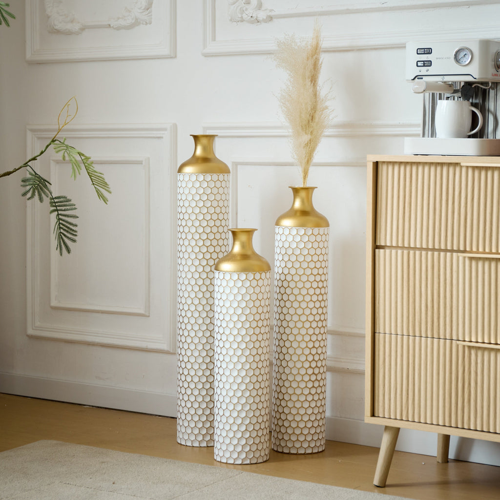 3-Piece Modern Metal Vase Set - White & Gold