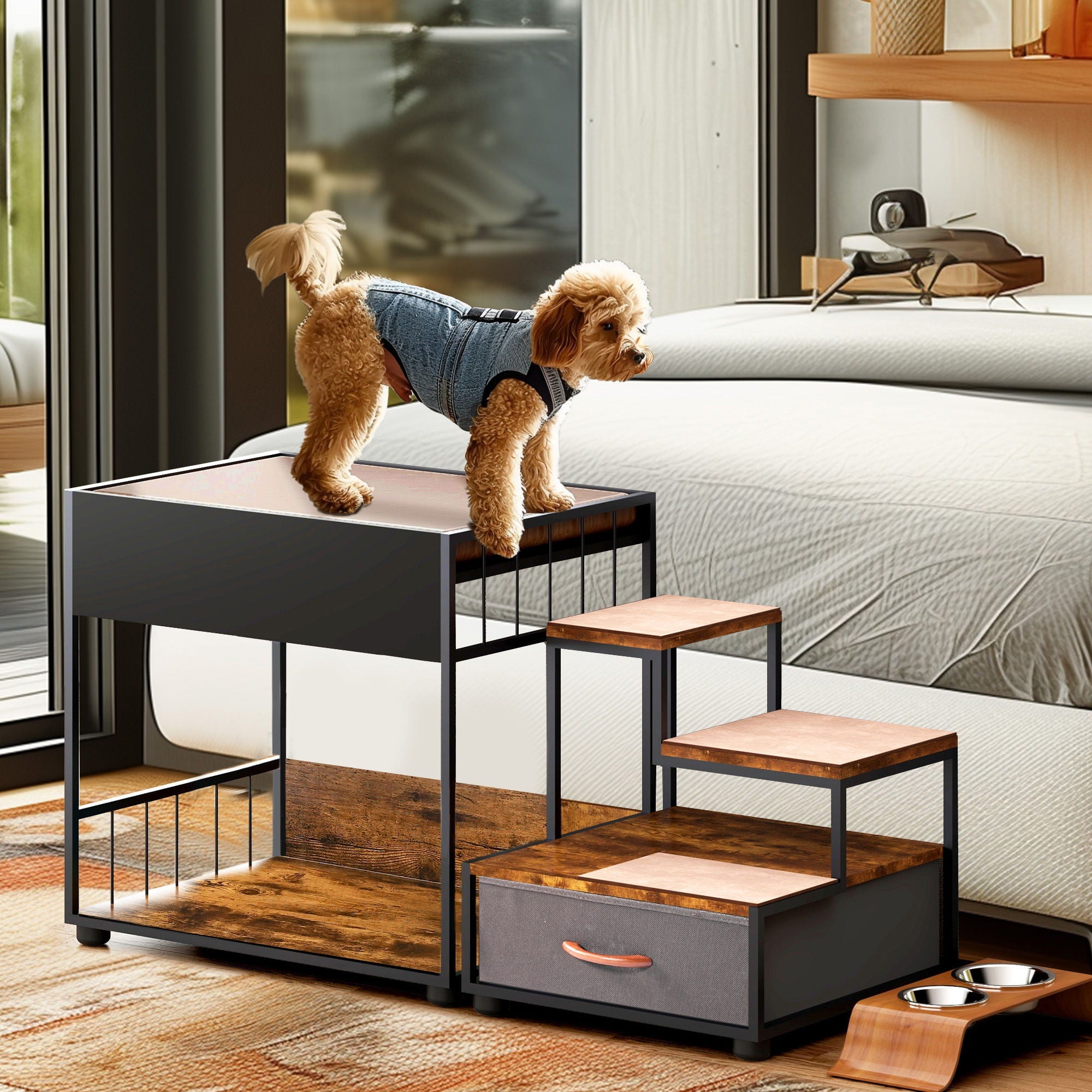 Pet Step Window Perch, Bunk Beds Window Perch For Dogs Bedside Lounge Elevated Dog Bed Multi-Level Platform With Sponge, Non-Slip Pad And Storage - Black / Vintage