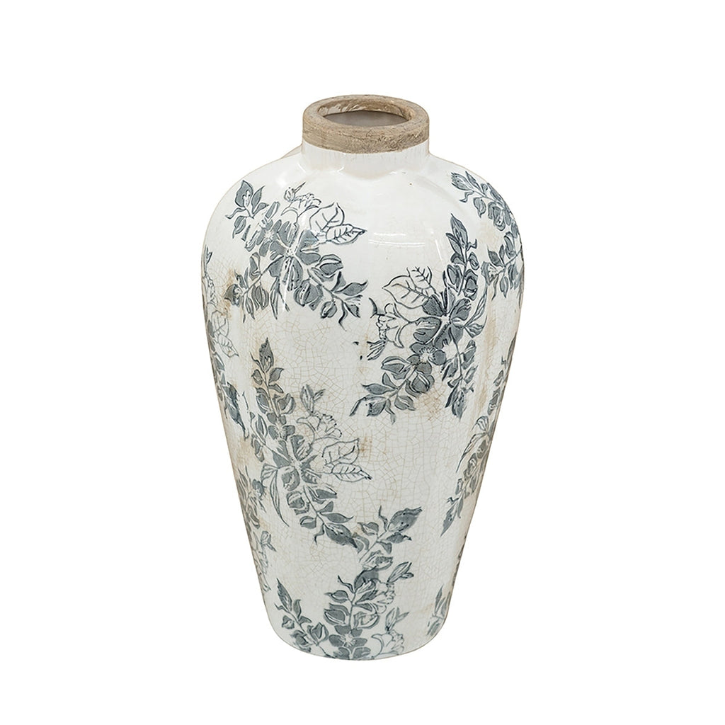 6.7x6.7x11.6' White Ceramic Accent Vase with Gray Floral Design