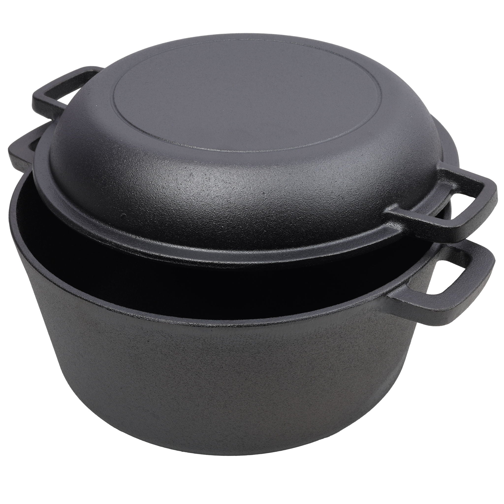 Pre-Seasoned Cast Iron Dutch Oven 2 In 1 With Dual Handles And Covers, 5 Quart - Black