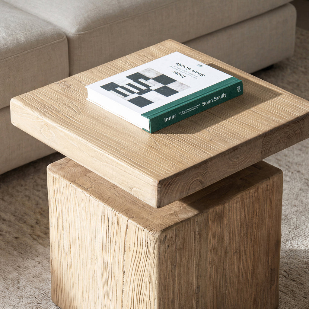 Calder 18' Solid Square Reclaimed Elm Block Plinth Side Table, Heritage Light Natural Brown