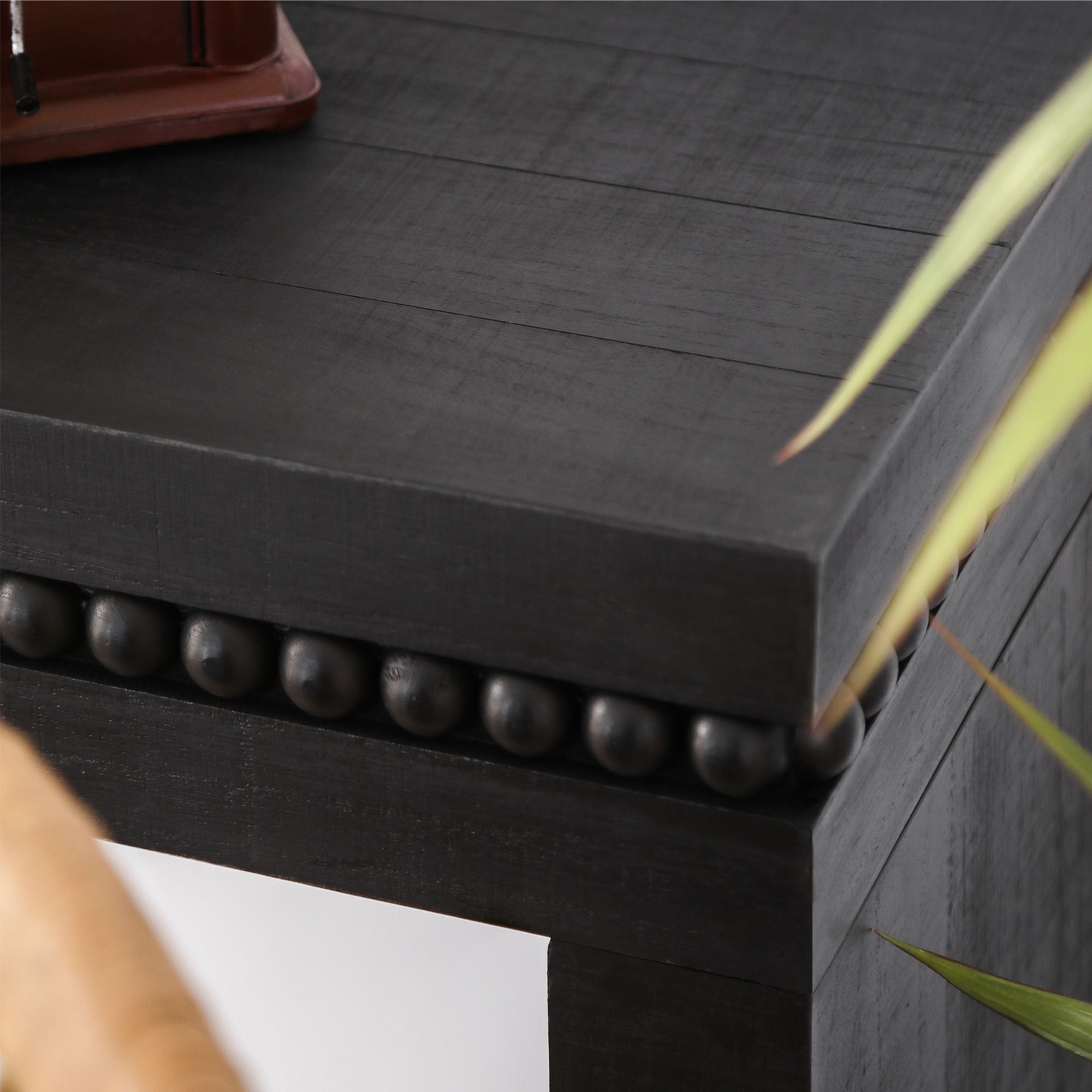 64in Modern Black Wood Console Table – Elegant Entryway Table with Decorative Beaded Trim