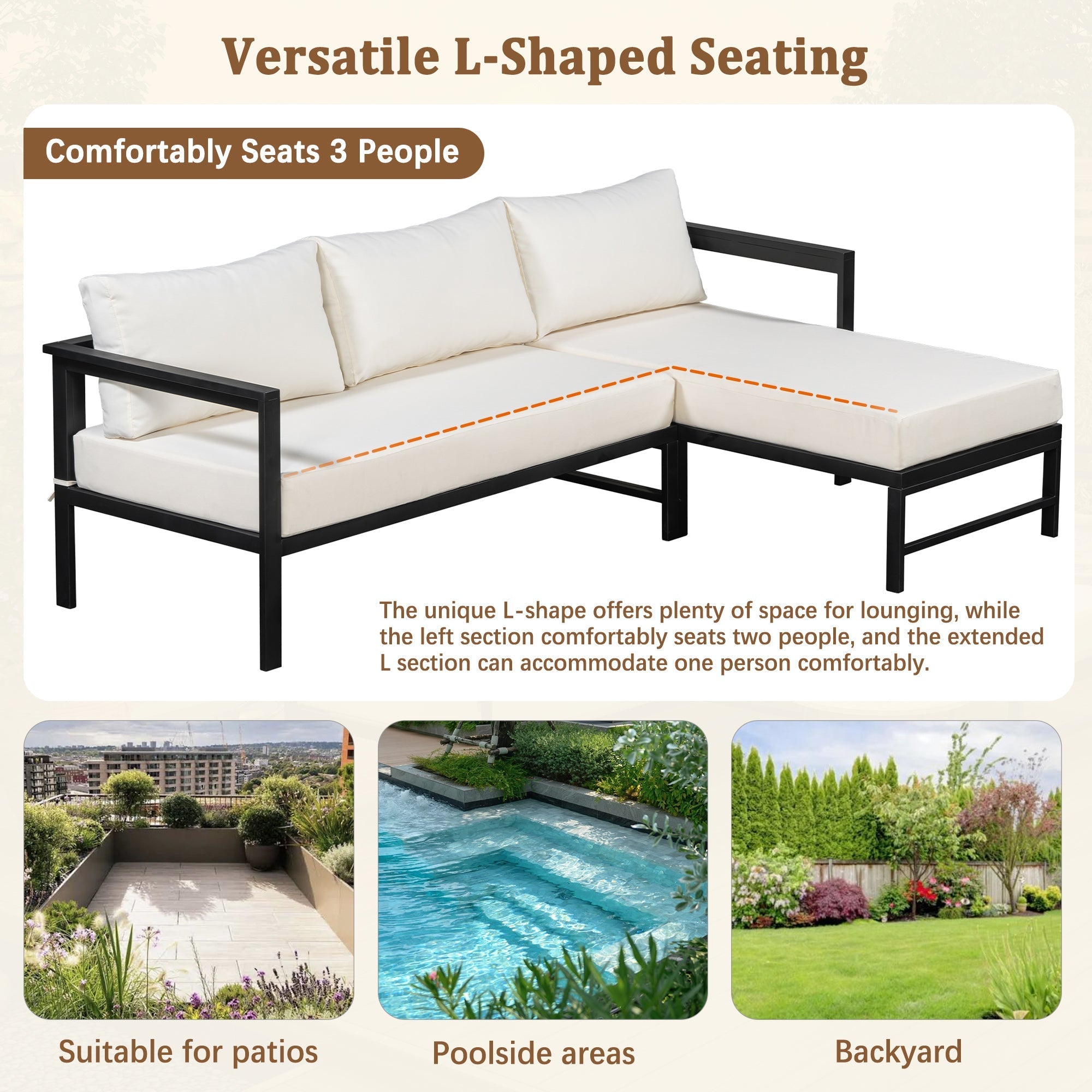U_style Outdoor L-Shaped Sofa with Iron Frame and Ultra-Thick Cushions