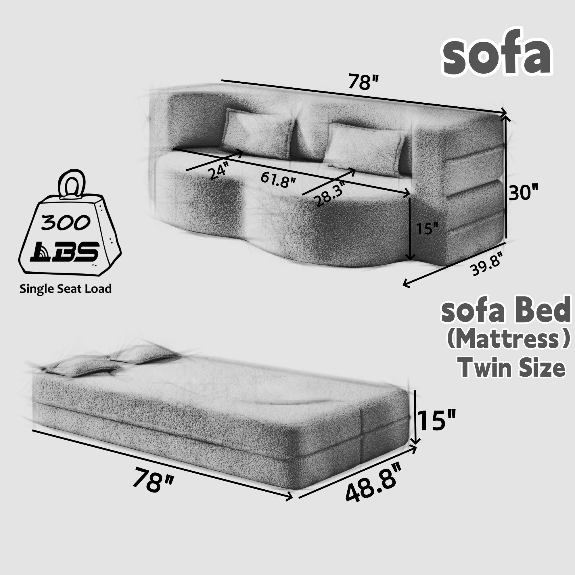 Modern Floor Sofa With 2 Pillows, Convertible Twin Size Folding Mattress For Living Room