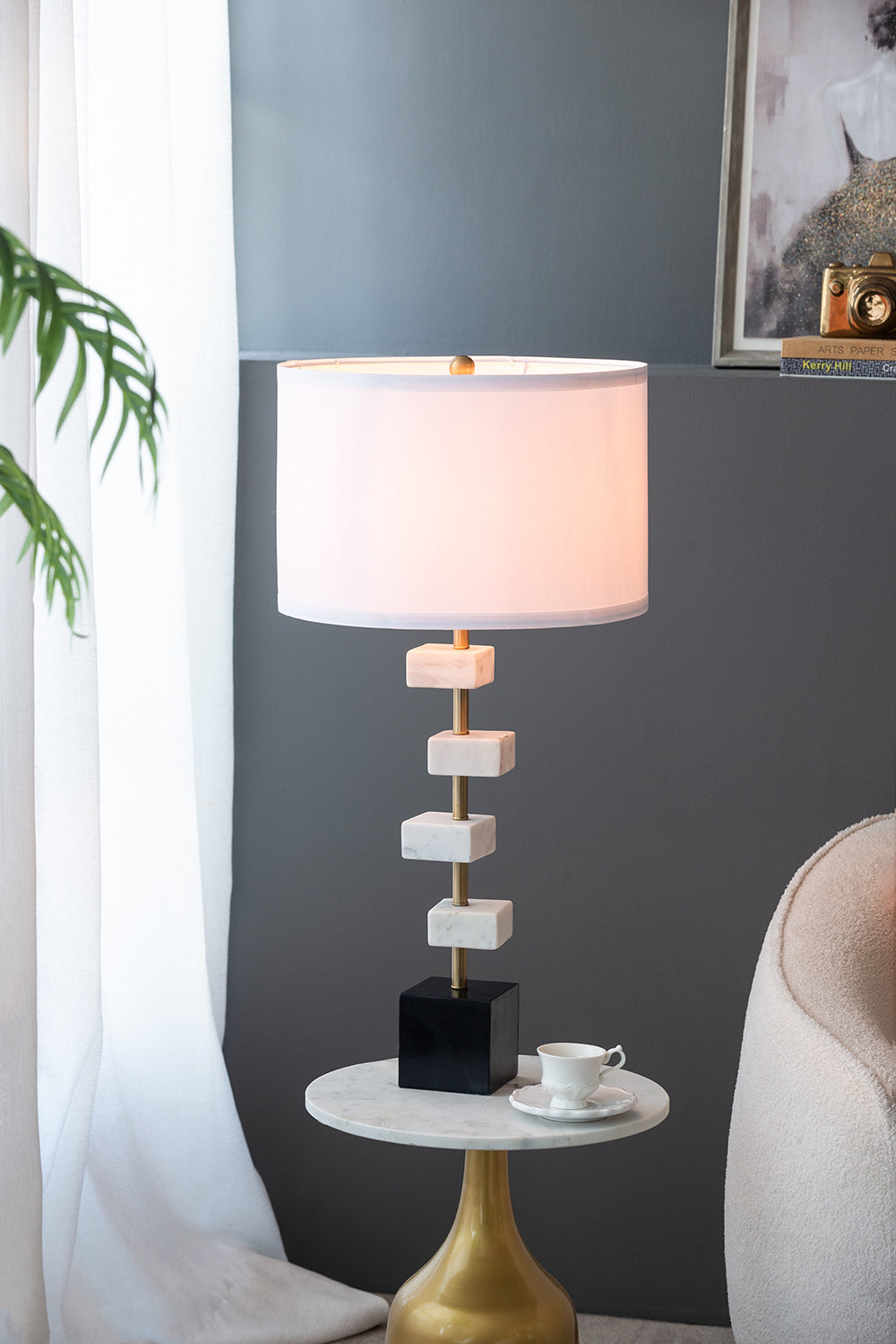 D15x30' Table Lamp with White Marble and Brass Frame