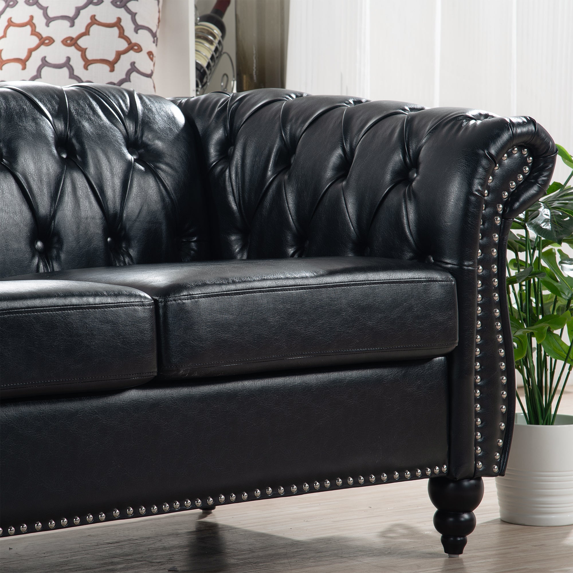 84.65" Black PU Rolled Arm Chesterfield Three Seater Sofa