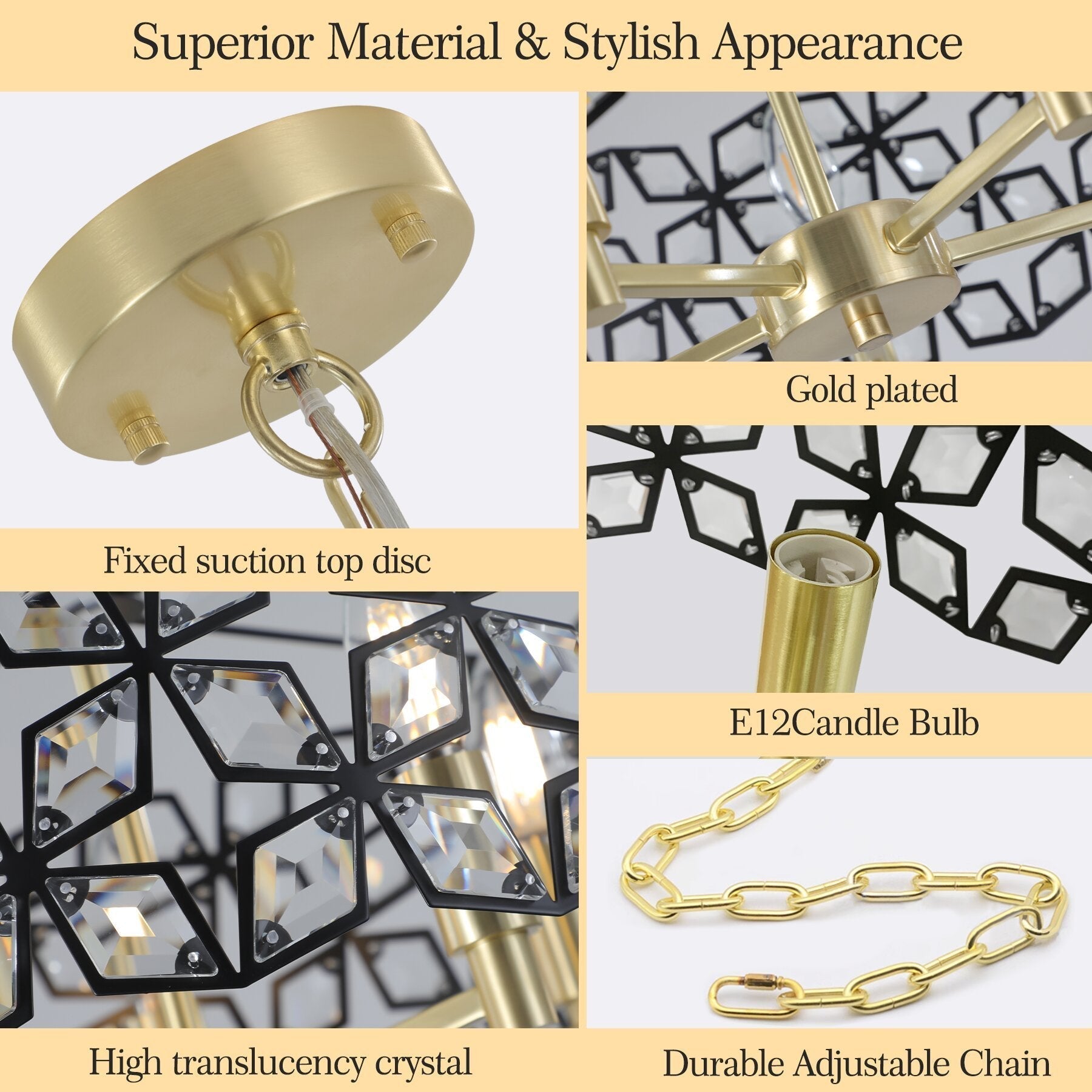 19" Geometric Crystal and Black Gold Round Pendant Chandelier