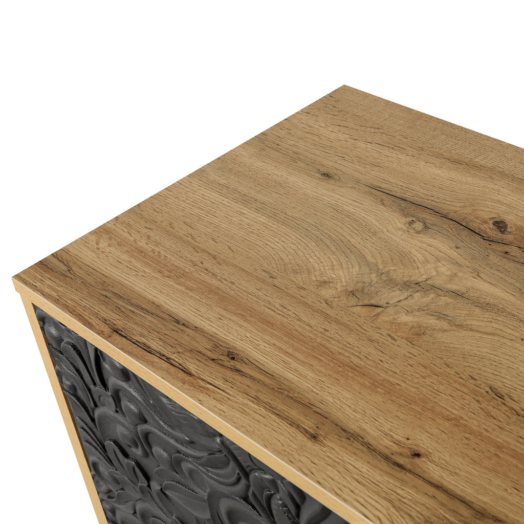 Black Carved Symmetrical Design Door And Wood Coloured Frame TV Stand