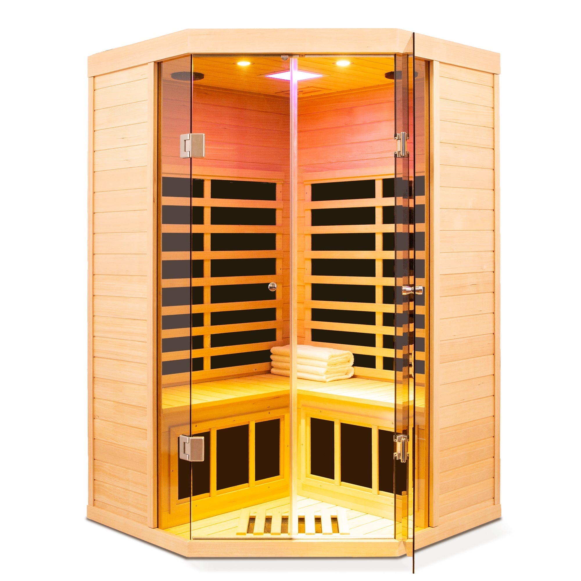 Deluxe Hemlock Far Infrared Corner Sauna Room with Glass Front for Two Persons