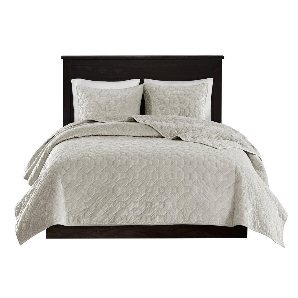 3 Piece Velvet Quilt Set Ivory Full/Queen