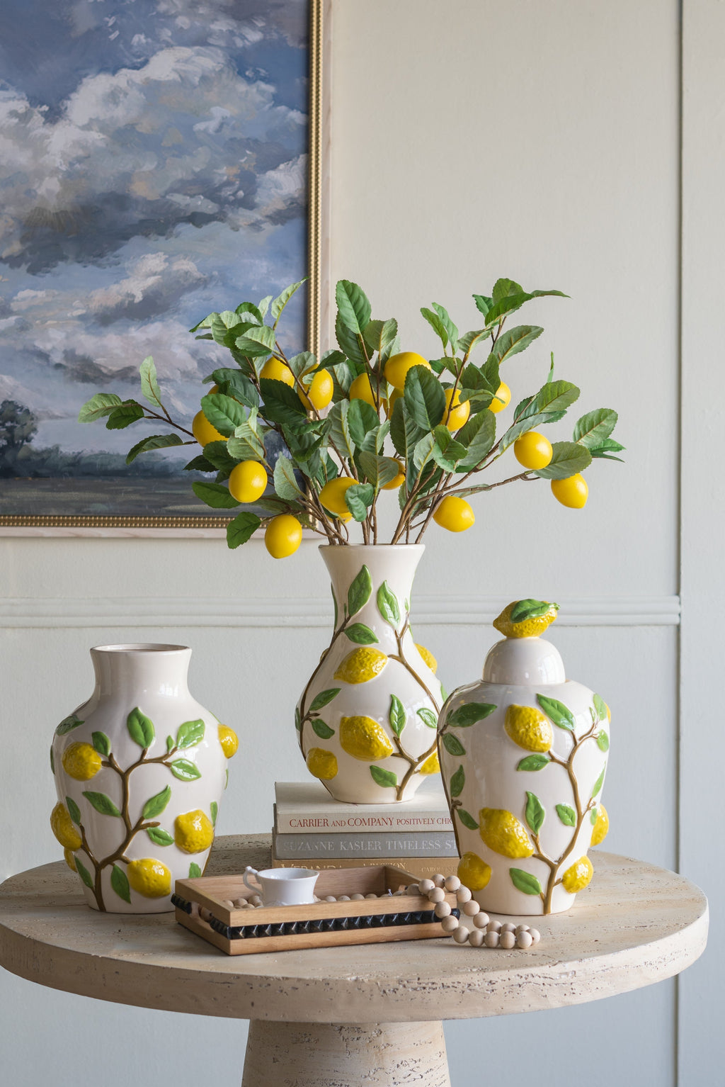 8.7x8.7x15' White Ceramic Lidded Jar with Playful Lemon Design