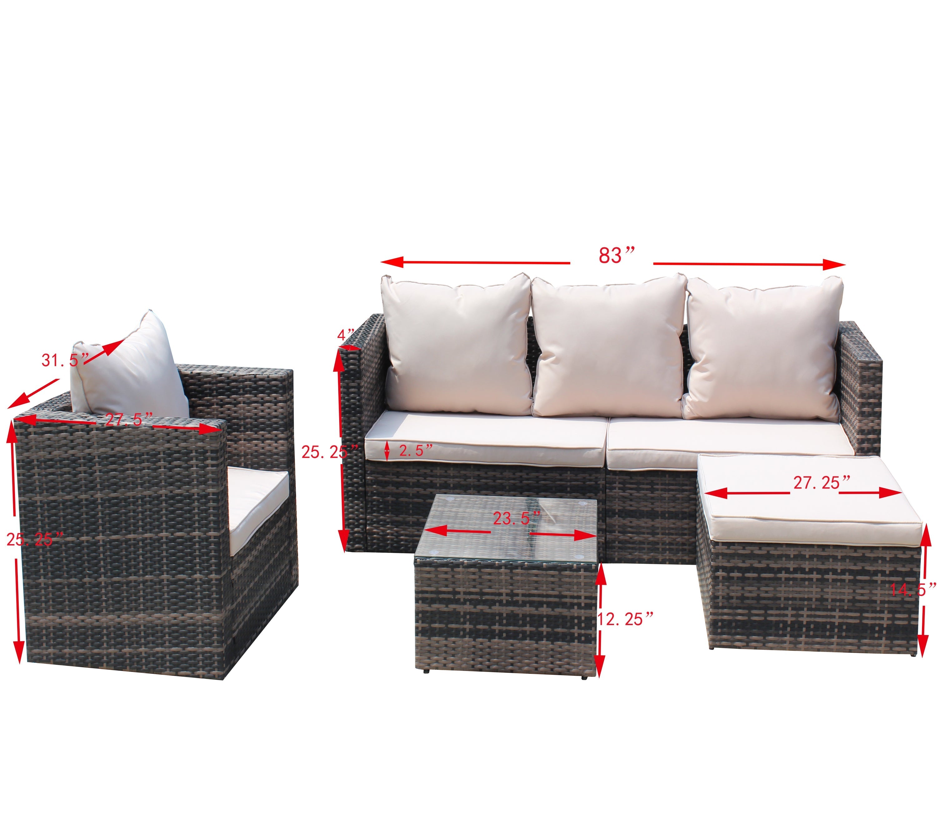 Rattan Patio Furniture Set Wicker Sofa Cushioned Sectional (4 Pieces, Brown)