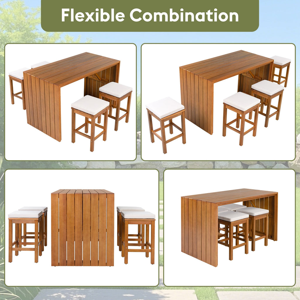 5 Piece Outdoor Bar Set with Acacia Wood Table & Cushioned Stools
